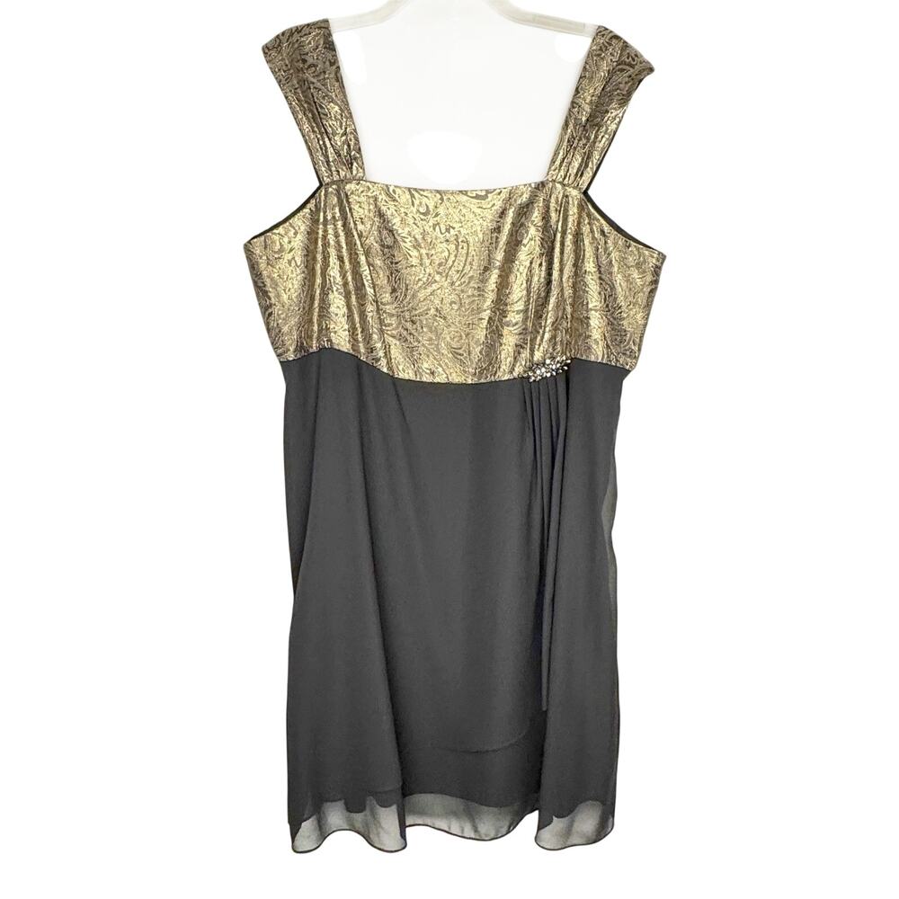 Le Bos Gold Black Paisley Metallic Flowy Empire Waist Brooch Chiffon Dress 24W